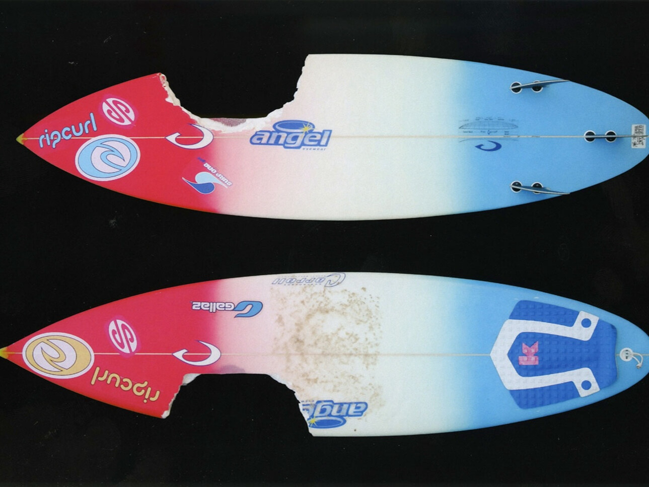 Bethany Hamilton's surfboard, with a large chunk bitten off.